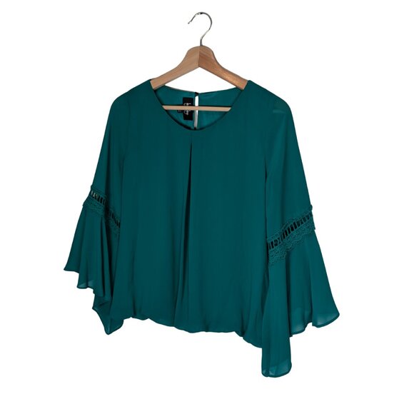 by & by Women's Large Blouse Top Shirt Emerald Green Bell Sleeve - Picture 4 of 11